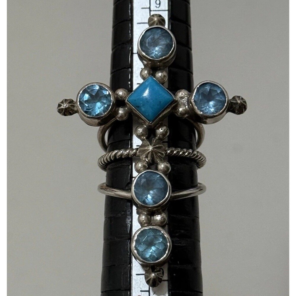 Vintage Running Bear Statement Sterling Cross Ring With Turquoise & Topaz Stones